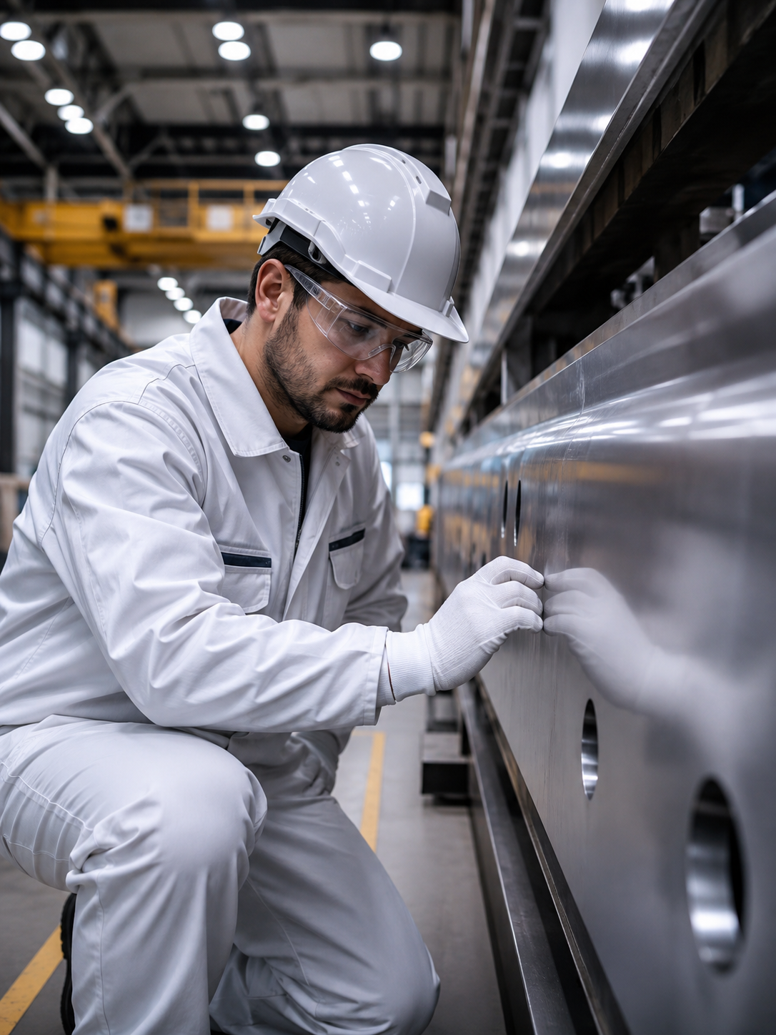 Technician in clean PPE inspecting a finished surface